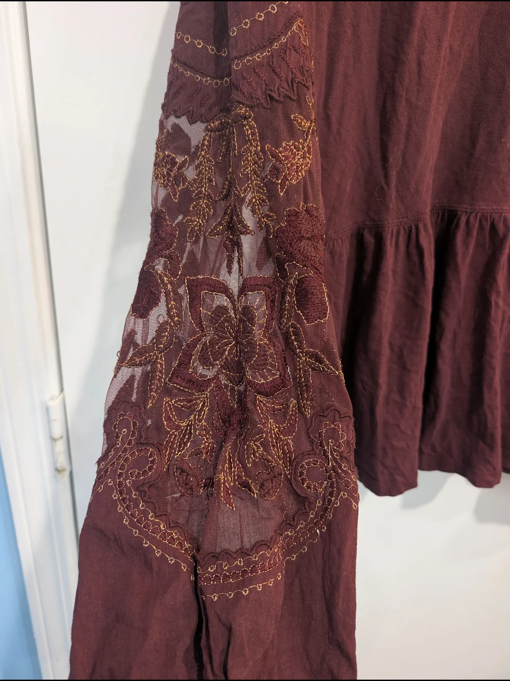 Free People Embellished Lace Detail Long Puff Sleeve Blouse Size Large